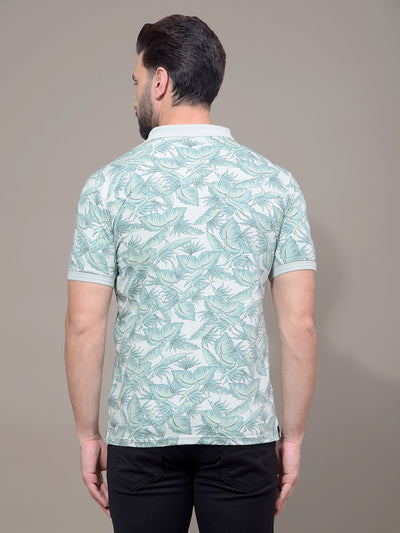 Green Floral Print Polo Neck T-Shirt-Men T-Shirts-Crimsoune Club
