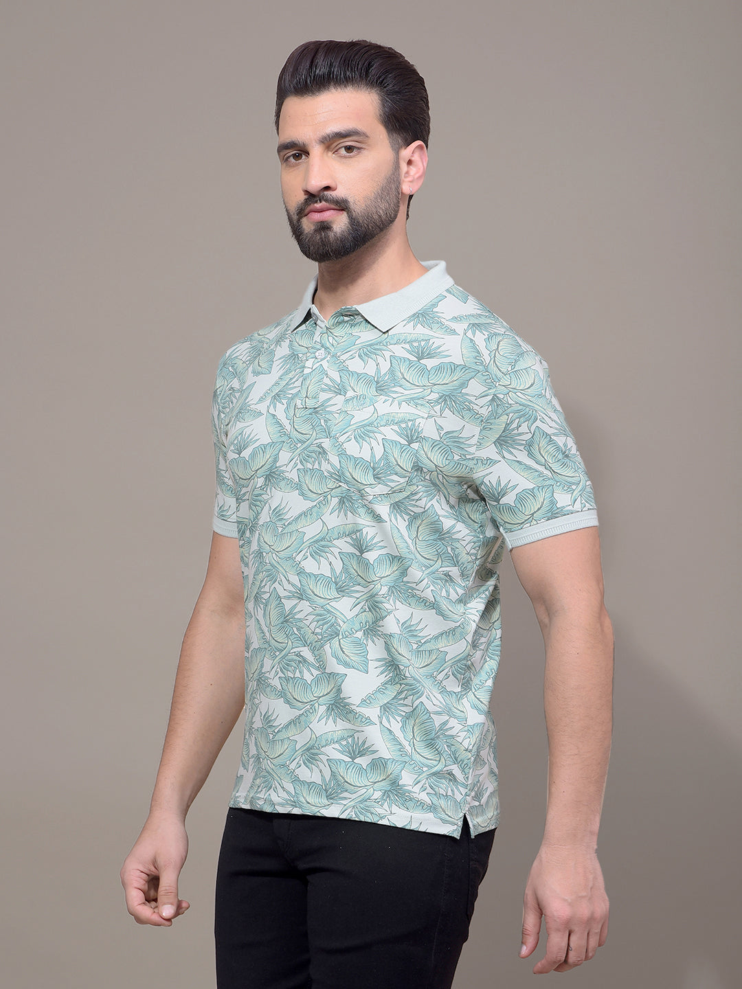 Green Floral Print Polo Neck T-Shirt-Men T-Shirts-Crimsoune Club