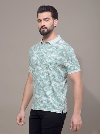 Green Floral Print Polo Neck T-Shirt-Men T-Shirts-Crimsoune Club