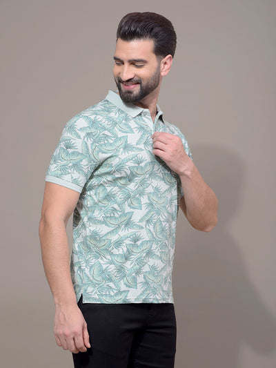 Green Floral Print Polo Neck T-Shirt-Men T-Shirts-Crimsoune Club