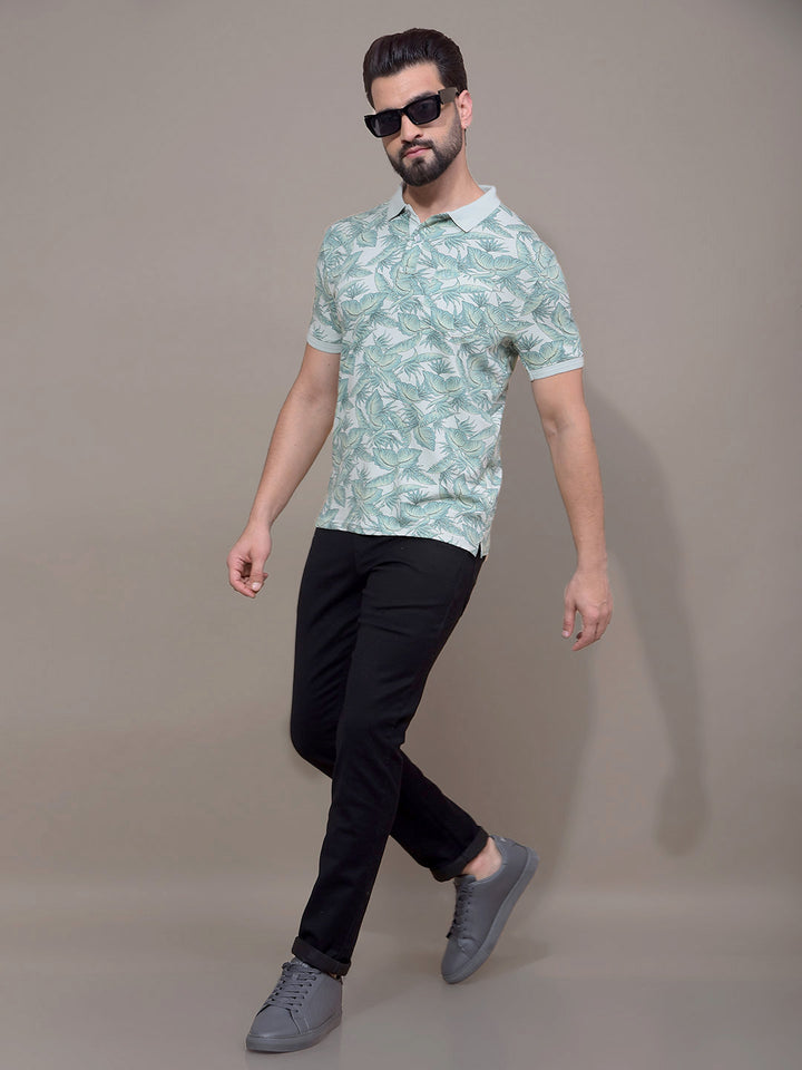 Green Floral Print Polo Neck T-Shirt-Men T-Shirts-Crimsoune Club