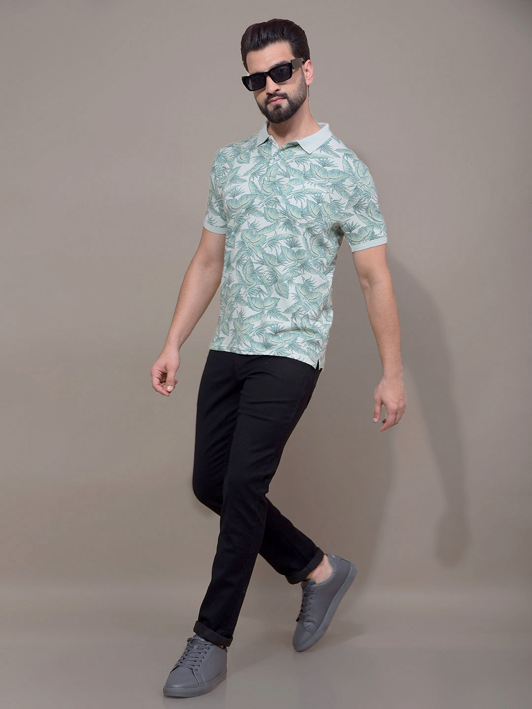 Green Floral Print Polo Neck T-Shirt-Men T-Shirts-Crimsoune Club