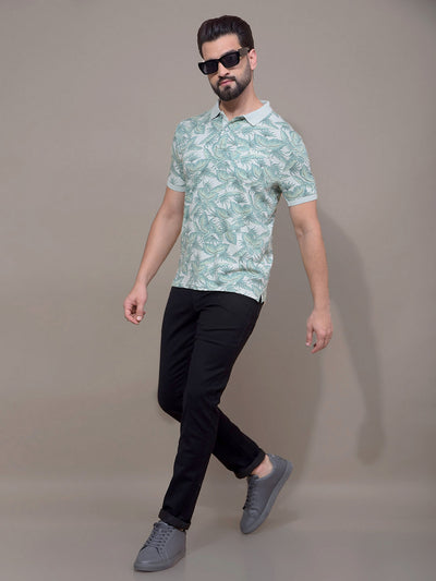 Green Floral Print Polo Neck T-Shirt-Men T-Shirts-Crimsoune Club