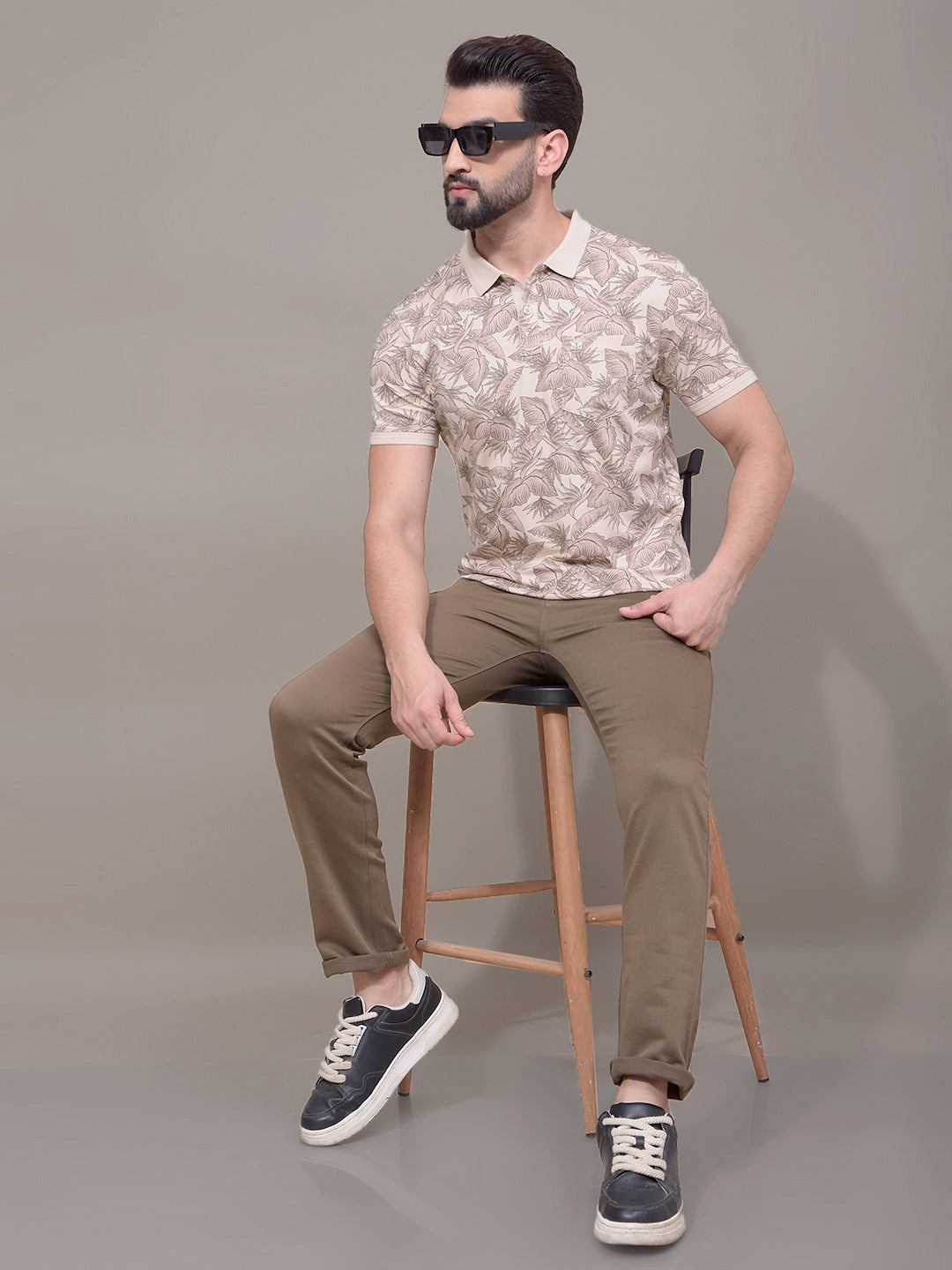 Brown Floral Print Polo Neck T-Shirt-Men T-Shirts-Crimsoune Club