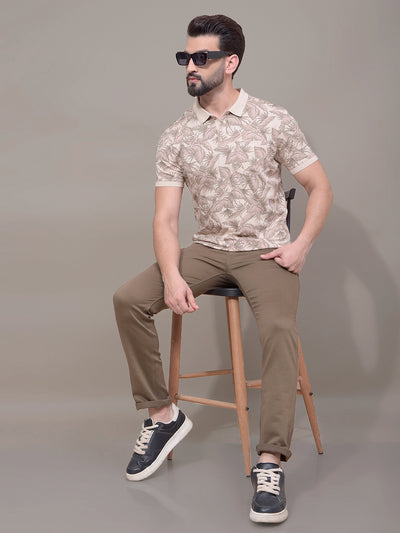 Brown Floral Print Polo Neck T-Shirt-Men T-Shirts-Crimsoune Club