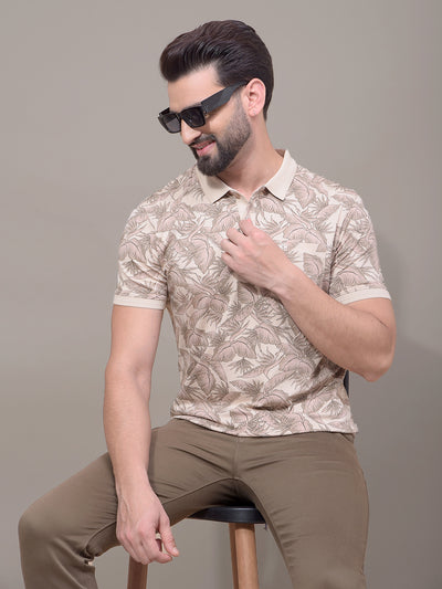 Brown Floral Print Polo Neck T-Shirt-Men T-Shirts-Crimsoune Club