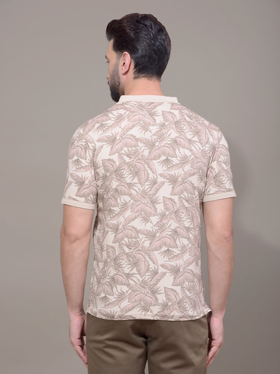 Brown Floral Print Polo Neck T-Shirt-Men T-Shirts-Crimsoune Club
