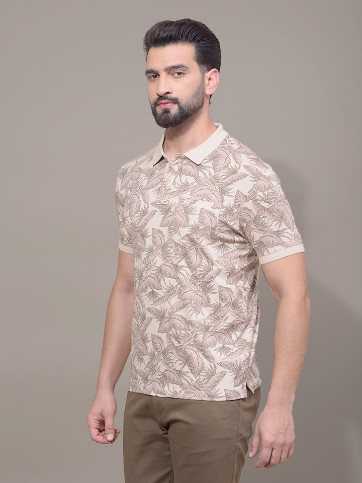 Brown Floral Print Polo Neck T-Shirt-Men T-Shirts-Crimsoune Club