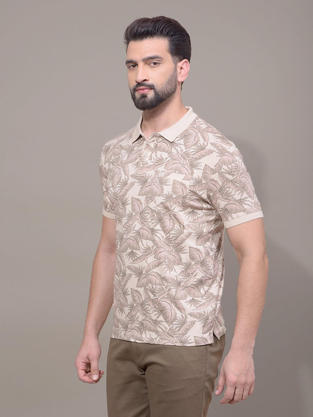Brown Floral Print Polo Neck T-Shirt-Men T-Shirts-Crimsoune Club