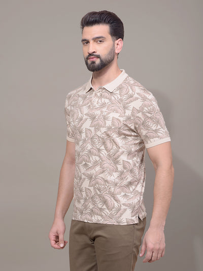 Brown Floral Print Polo Neck T-Shirt-Men T-Shirts-Crimsoune Club