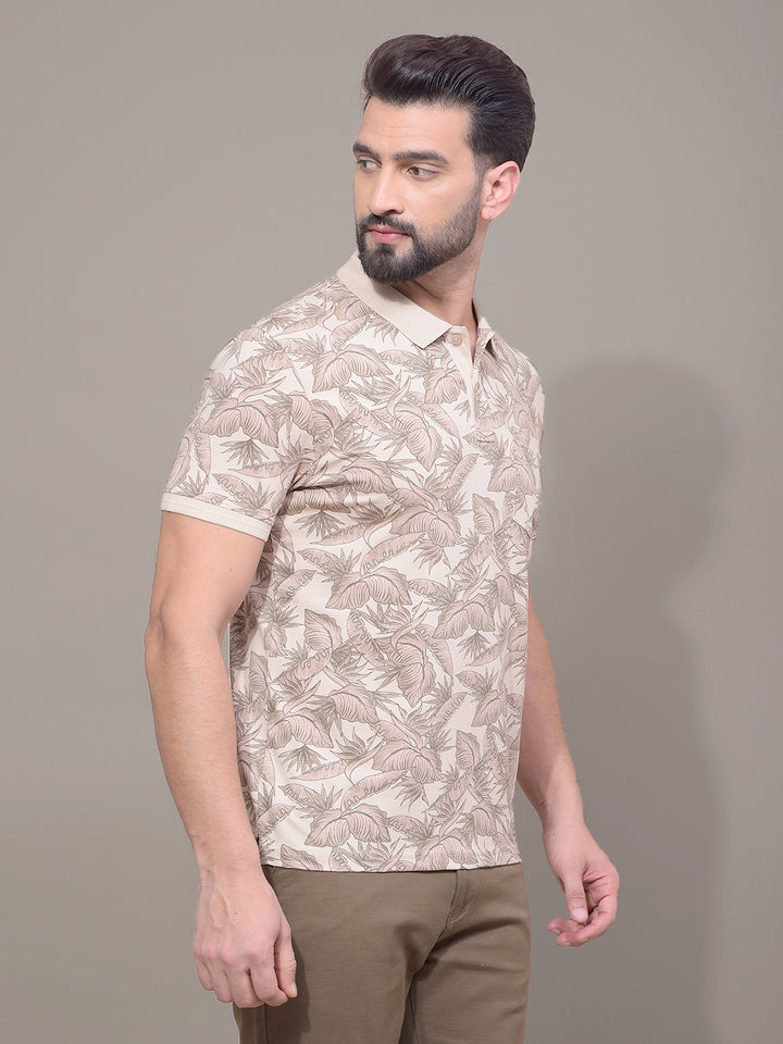 Brown Floral Print Polo Neck T-Shirt-Men T-Shirts-Crimsoune Club