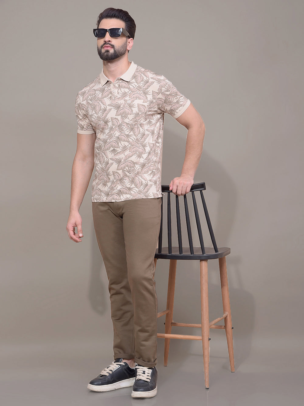 Brown Floral Print Polo Neck T-Shirt-Men T-Shirts-Crimsoune Club