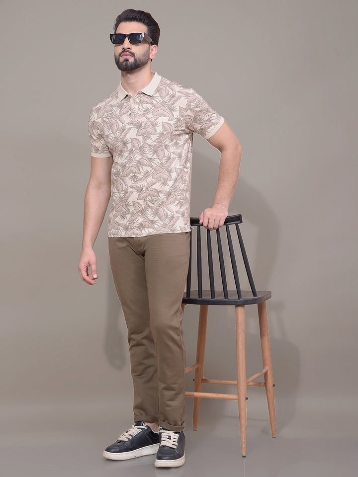 Brown Floral Print Polo Neck T-Shirt-Men T-Shirts-Crimsoune Club