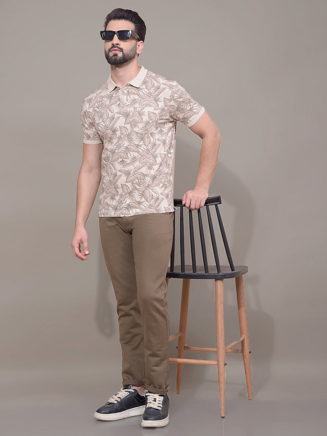 Brown Floral Print Polo Neck T-Shirt-Men T-Shirts-Crimsoune Club