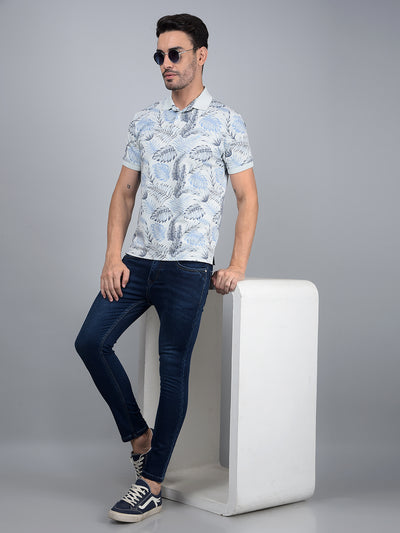 Blue Floral Print Polo Neck Cotton T-Shirt-Men T-Shirts-Crimsoune Club