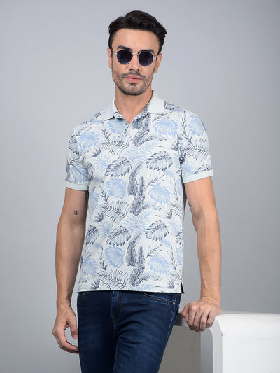 Blue Floral Print Polo Neck Cotton T-Shirt-Men T-Shirts-Crimsoune Club