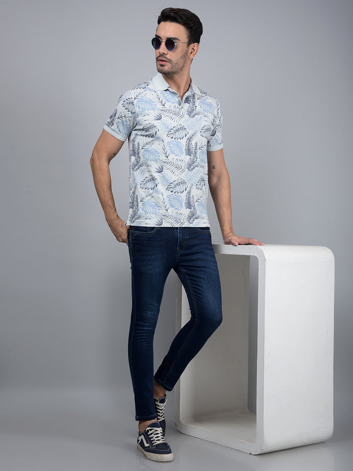 Blue Floral Print Polo Neck Cotton T-Shirt-Men T-Shirts-Crimsoune Club