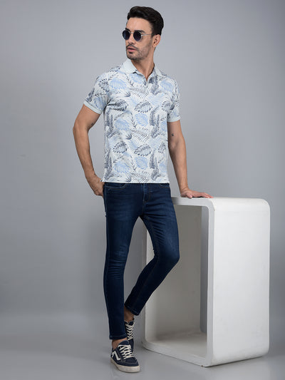 Blue Floral Print Polo Neck Cotton T-Shirt-Men T-Shirts-Crimsoune Club