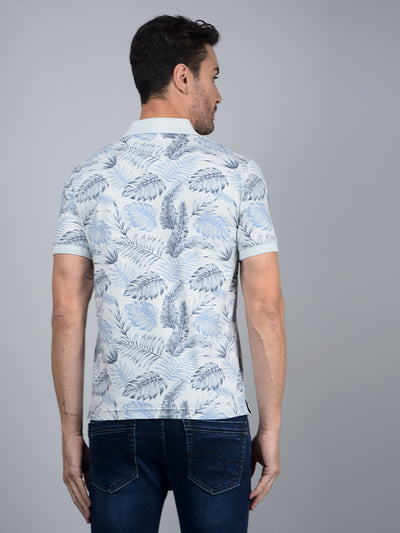 Blue Floral Print Polo Neck Cotton T-Shirt-Men T-Shirts-Crimsoune Club