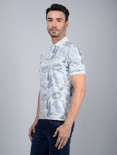 Blue Floral Print Polo Neck Cotton T-Shirt-Men T-Shirts-Crimsoune Club