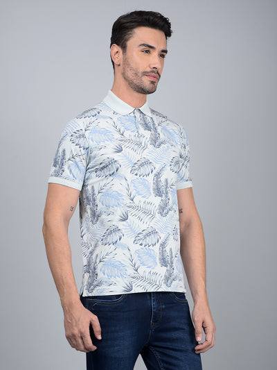 Blue Floral Print Polo Neck Cotton T-Shirt-Men T-Shirts-Crimsoune Club