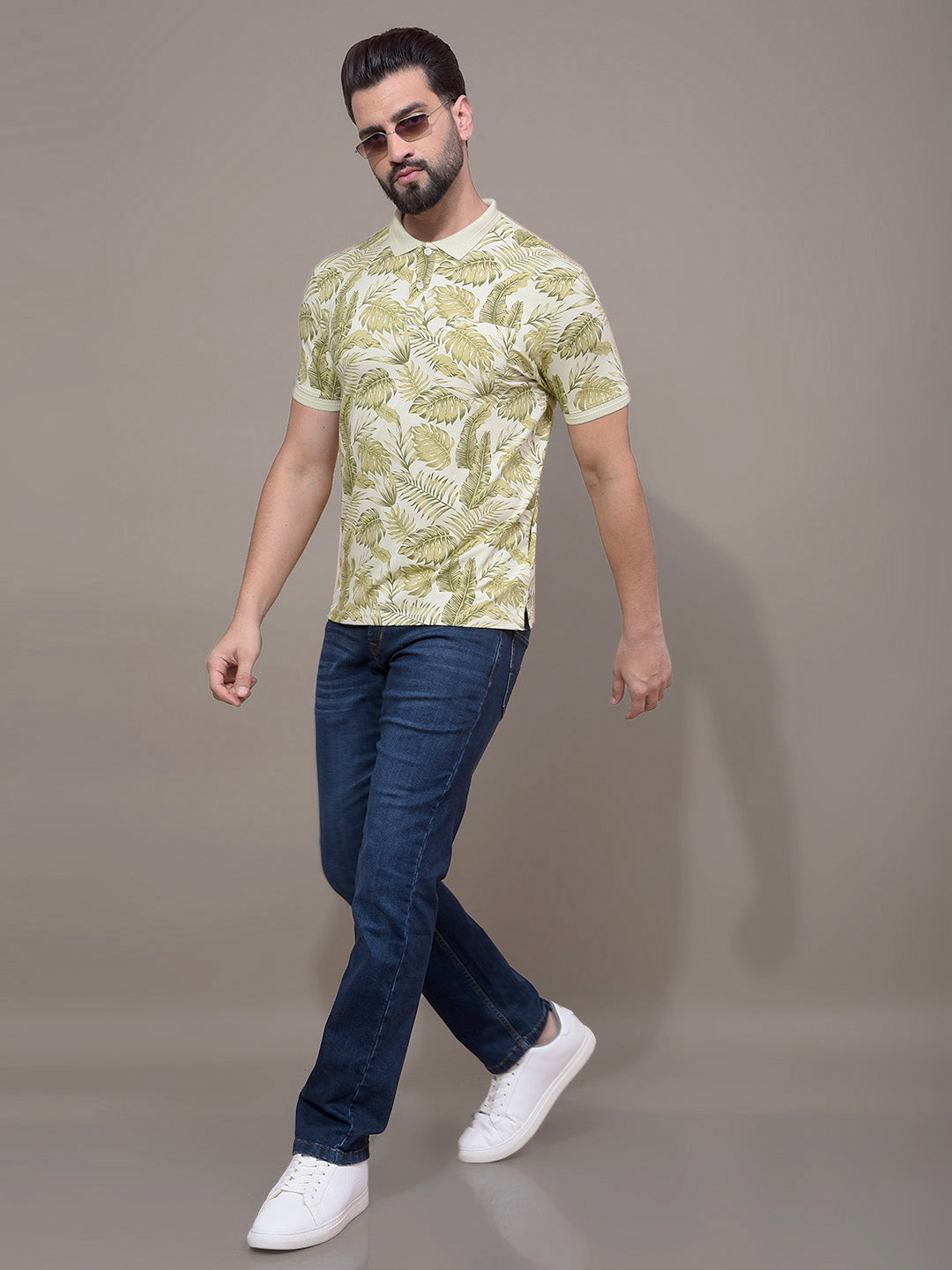 Green Floral Print Polo Neck T-Shirt-Men T-Shirts-Crimsoune Club