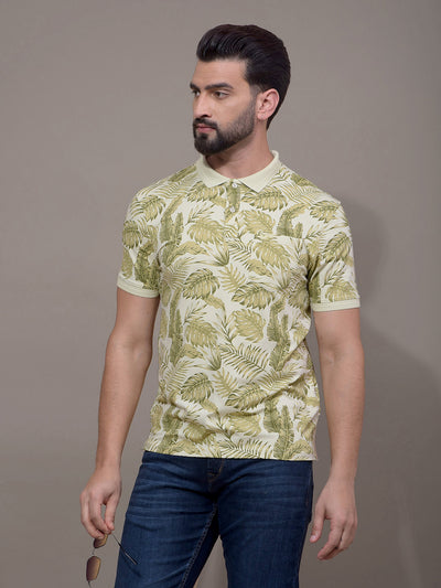 Green Floral Print Polo Neck T-Shirt-Men T-Shirts-Crimsoune Club