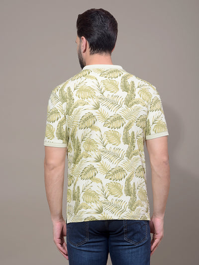 Green Floral Print Polo Neck T-Shirt-Men T-Shirts-Crimsoune Club