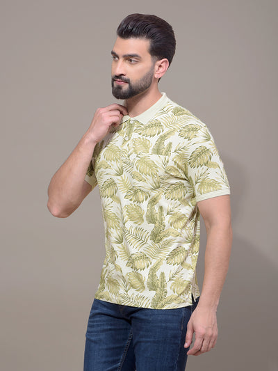 Green Floral Print Polo Neck T-Shirt-Men T-Shirts-Crimsoune Club