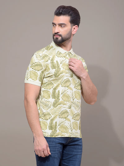 Green Floral Print Polo Neck T-Shirt-Men T-Shirts-Crimsoune Club