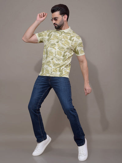 Green Floral Print Polo Neck T-Shirt-Men T-Shirts-Crimsoune Club