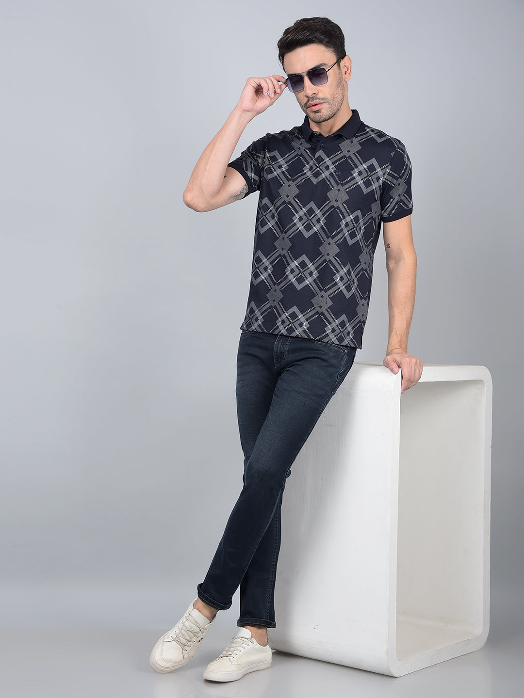 Navy Blue Printed 100% Cotton Polo Neck T-Shirt-Men T-Shirts-Crimsoune Club