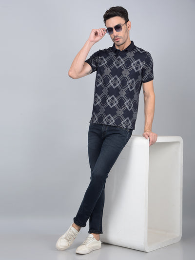 Navy Blue Printed 100% Cotton Polo Neck T-Shirt-Men T-Shirts-Crimsoune Club