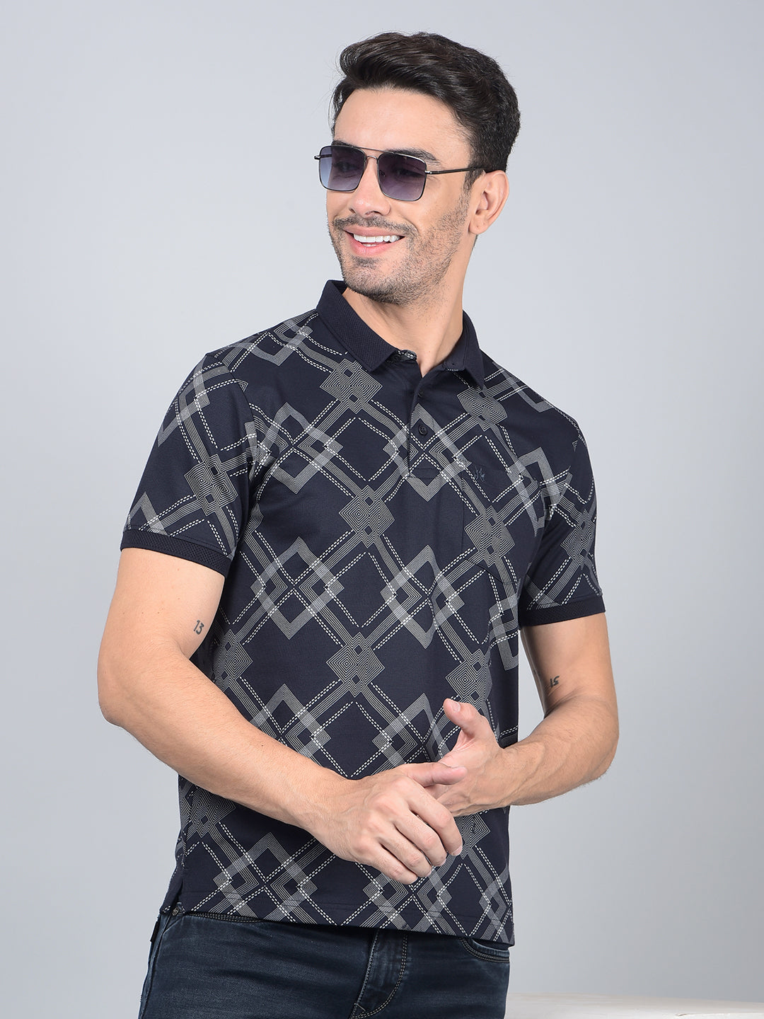 Navy Blue Printed 100% Cotton Polo Neck T-Shirt-Men T-Shirts-Crimsoune Club
