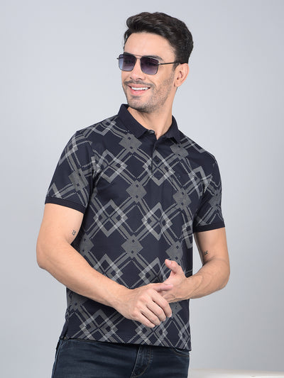 Navy Blue Printed 100% Cotton Polo Neck T-Shirt-Men T-Shirts-Crimsoune Club