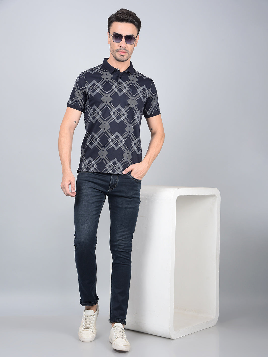 Navy Blue Printed 100% Cotton Polo Neck T-Shirt-Men T-Shirts-Crimsoune Club