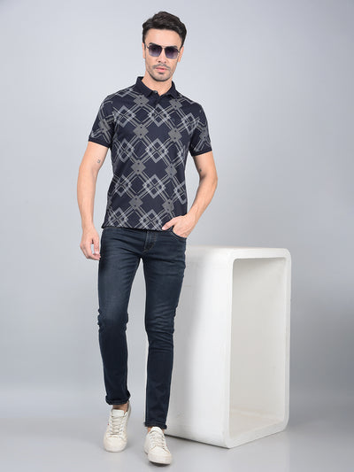Navy Blue Printed 100% Cotton Polo Neck T-Shirt-Men T-Shirts-Crimsoune Club