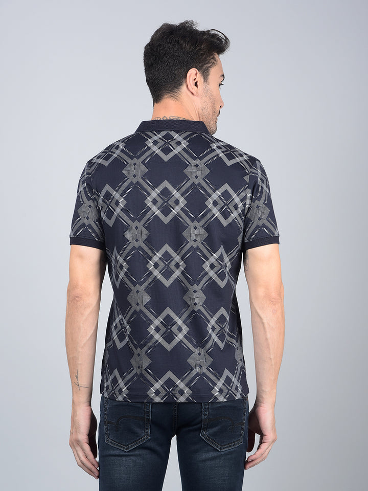 Navy Blue Printed 100% Cotton Polo Neck T-Shirt-Men T-Shirts-Crimsoune Club