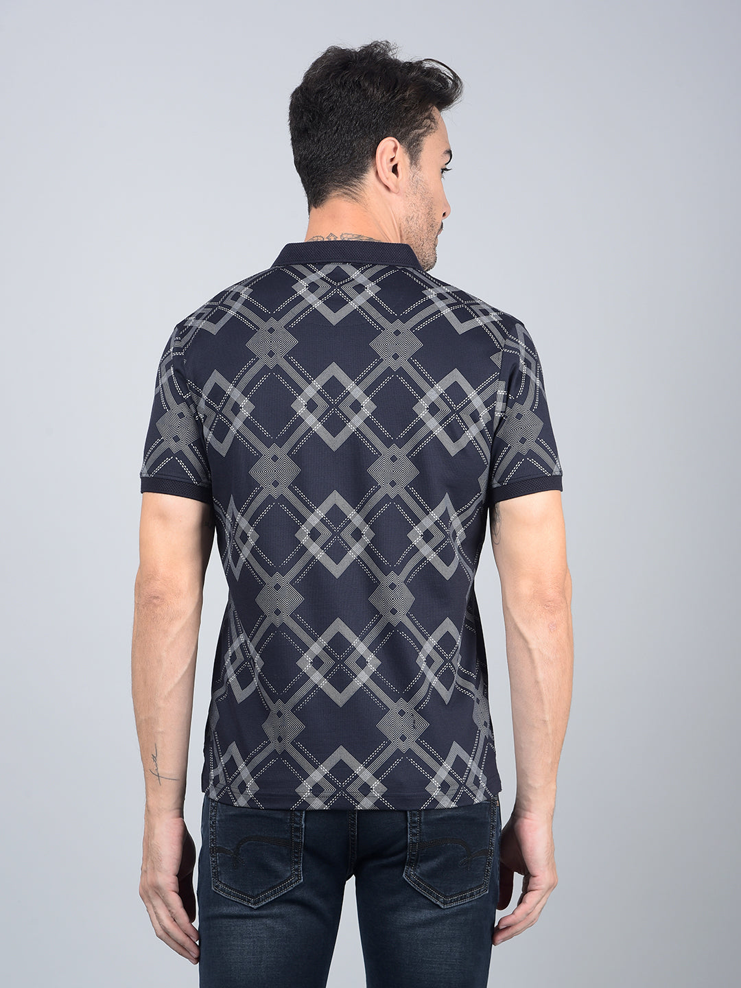 Navy Blue Printed 100% Cotton Polo Neck T-Shirt-Men T-Shirts-Crimsoune Club
