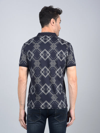 Navy Blue Printed 100% Cotton Polo Neck T-Shirt-Men T-Shirts-Crimsoune Club