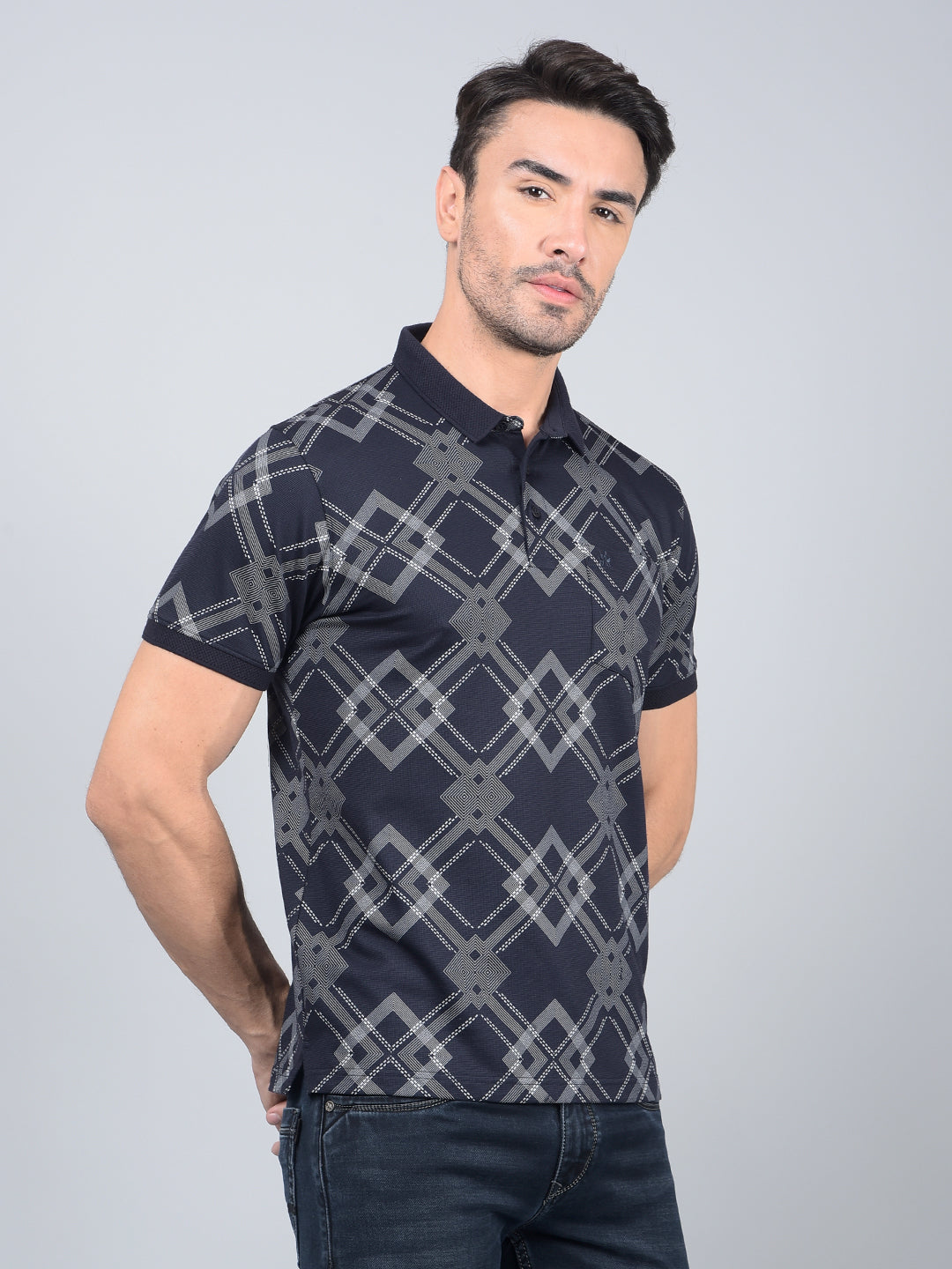 Navy Blue Printed 100% Cotton Polo Neck T-Shirt-Men T-Shirts-Crimsoune Club