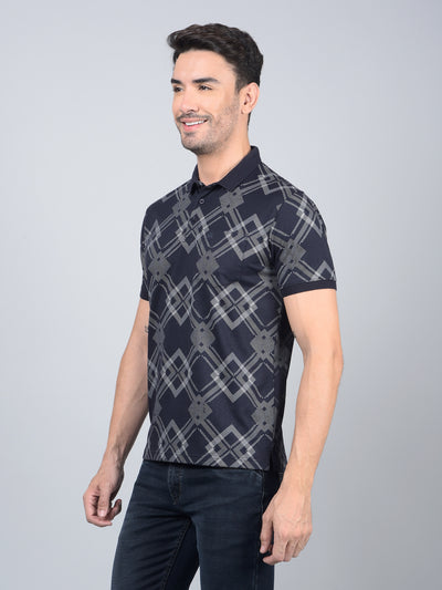 Navy Blue Printed 100% Cotton Polo Neck T-Shirt-Men T-Shirts-Crimsoune Club
