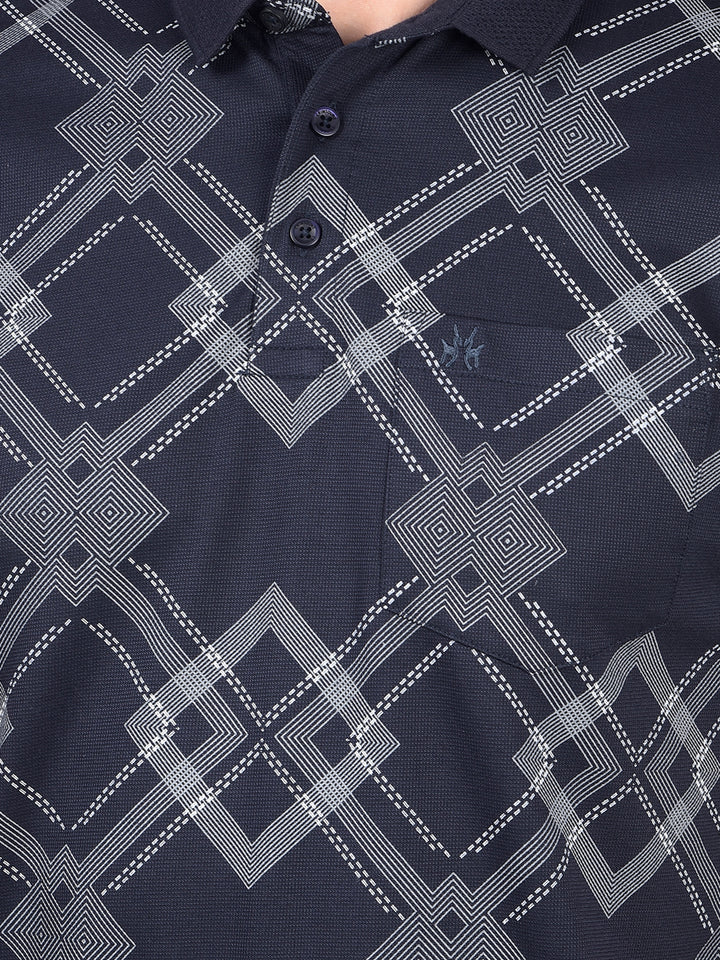 Navy Blue Printed 100% Cotton Polo Neck T-Shirt-Men T-Shirts-Crimsoune Club
