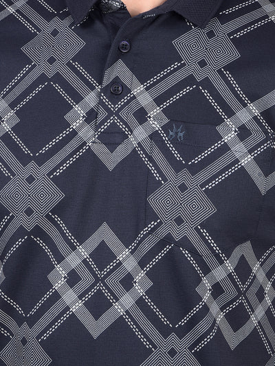 Navy Blue Printed 100% Cotton Polo Neck T-Shirt-Men T-Shirts-Crimsoune Club