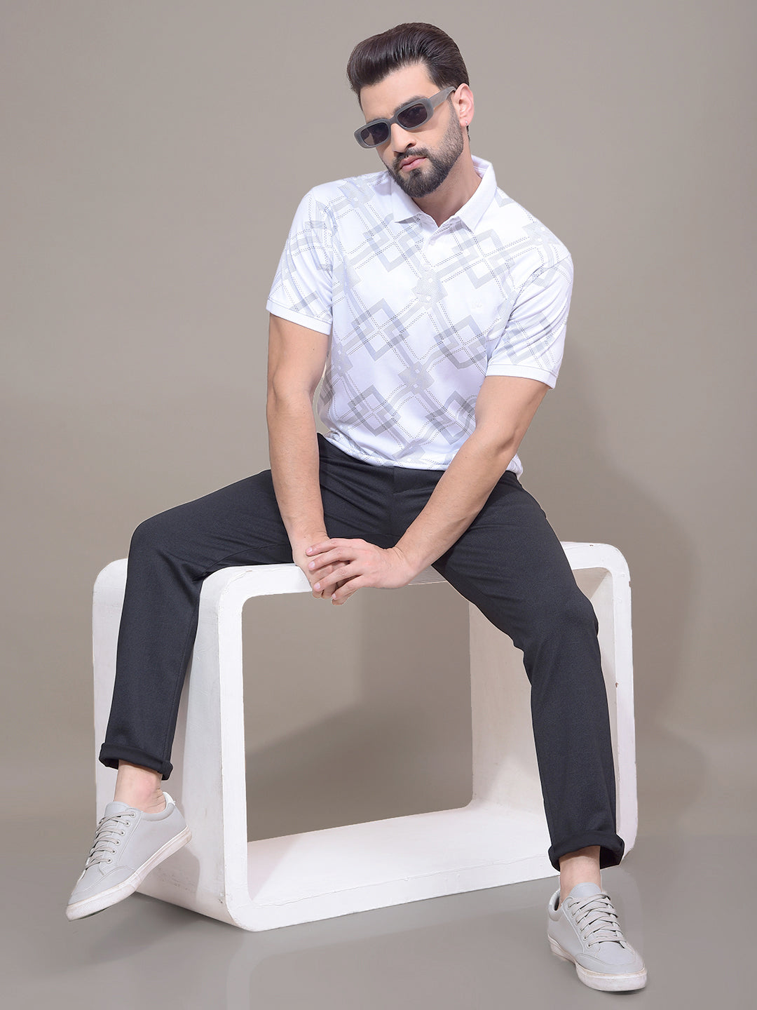 White Printed 100% Cotton Polo Neck T-Shirt-Men T-Shirts-Crimsoune Club