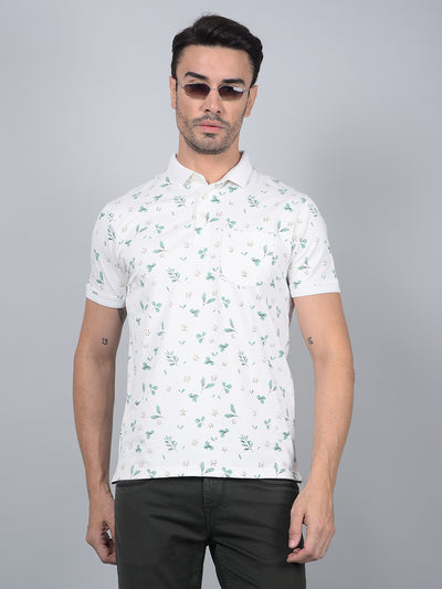 White Floral Print Polo Neck T-Shirt-Men T-Shirts-Crimsoune Club