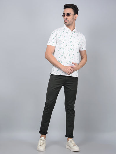 White Floral Print Polo Neck T-Shirt-Men T-Shirts-Crimsoune Club