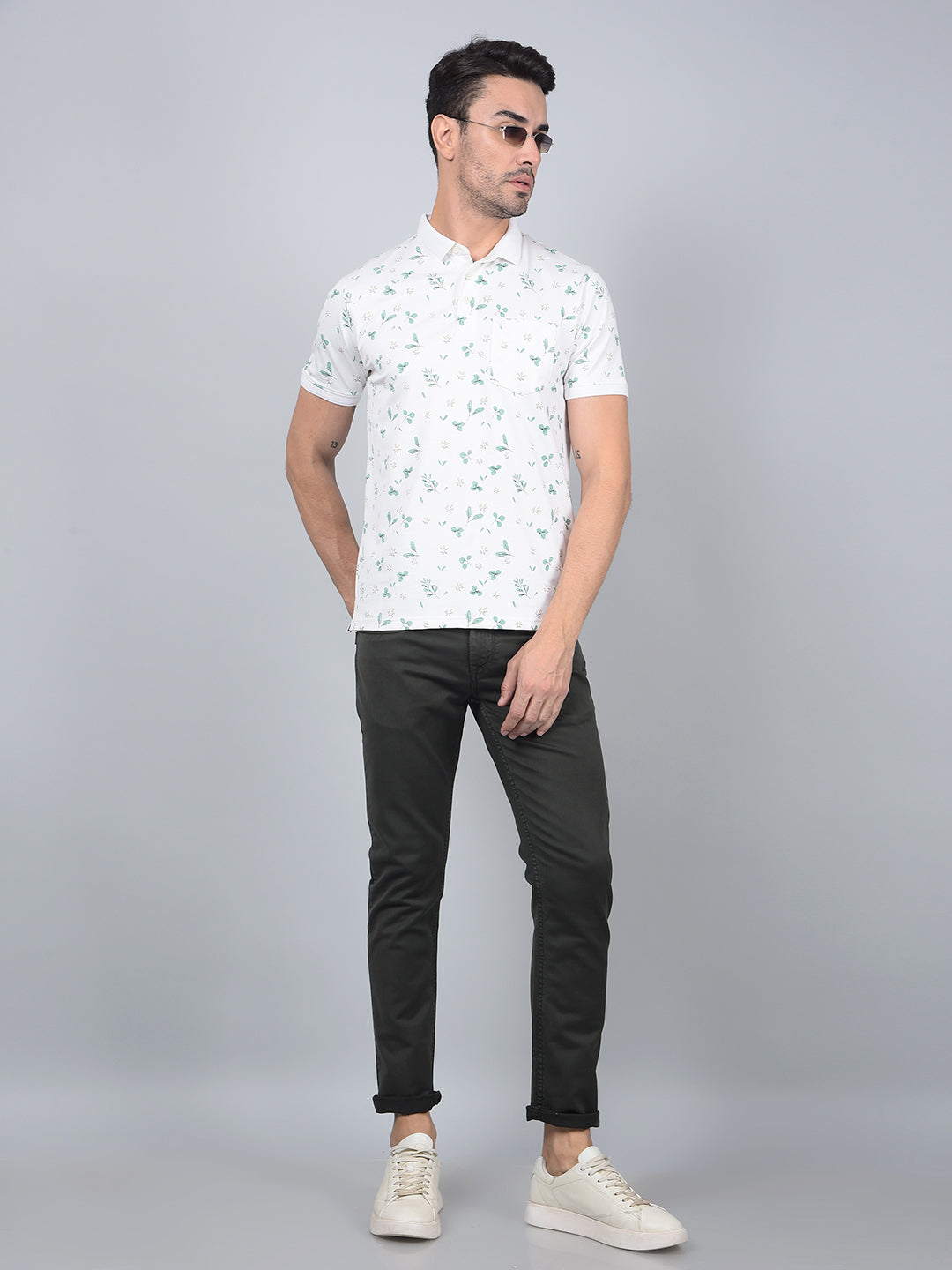White Floral Print Polo Neck T-Shirt-Men T-Shirts-Crimsoune Club
