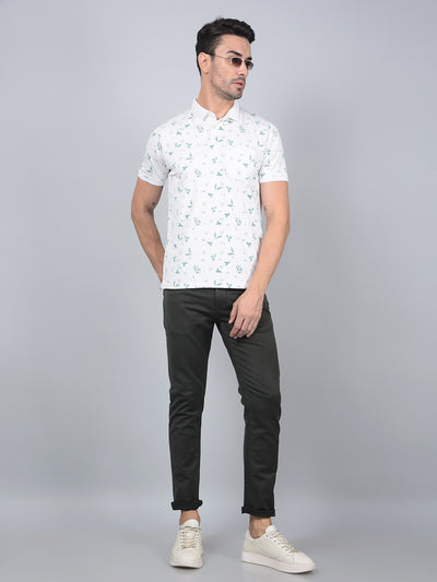 White Floral Print Polo Neck T-Shirt-Men T-Shirts-Crimsoune Club