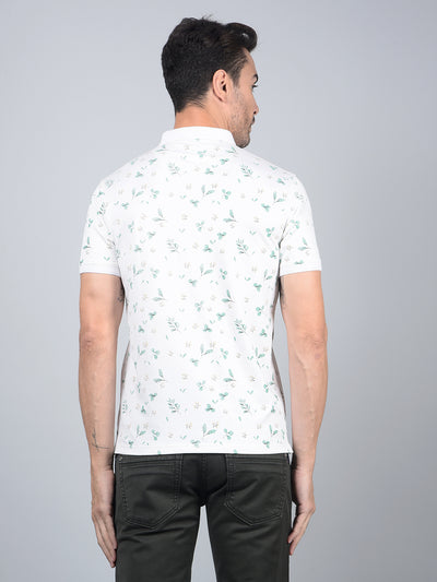 White Floral Print Polo Neck T-Shirt-Men T-Shirts-Crimsoune Club